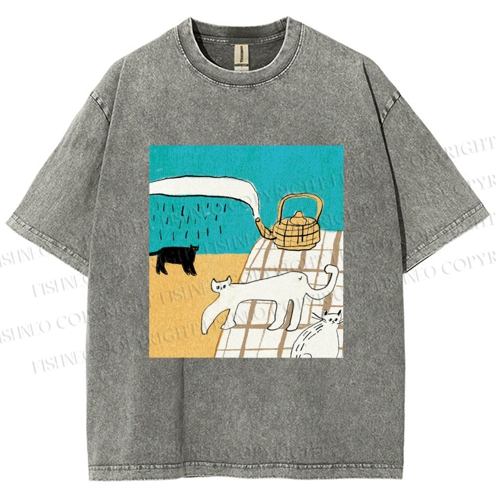 Unisex Vintage Cat Painting Printed Washed Tee