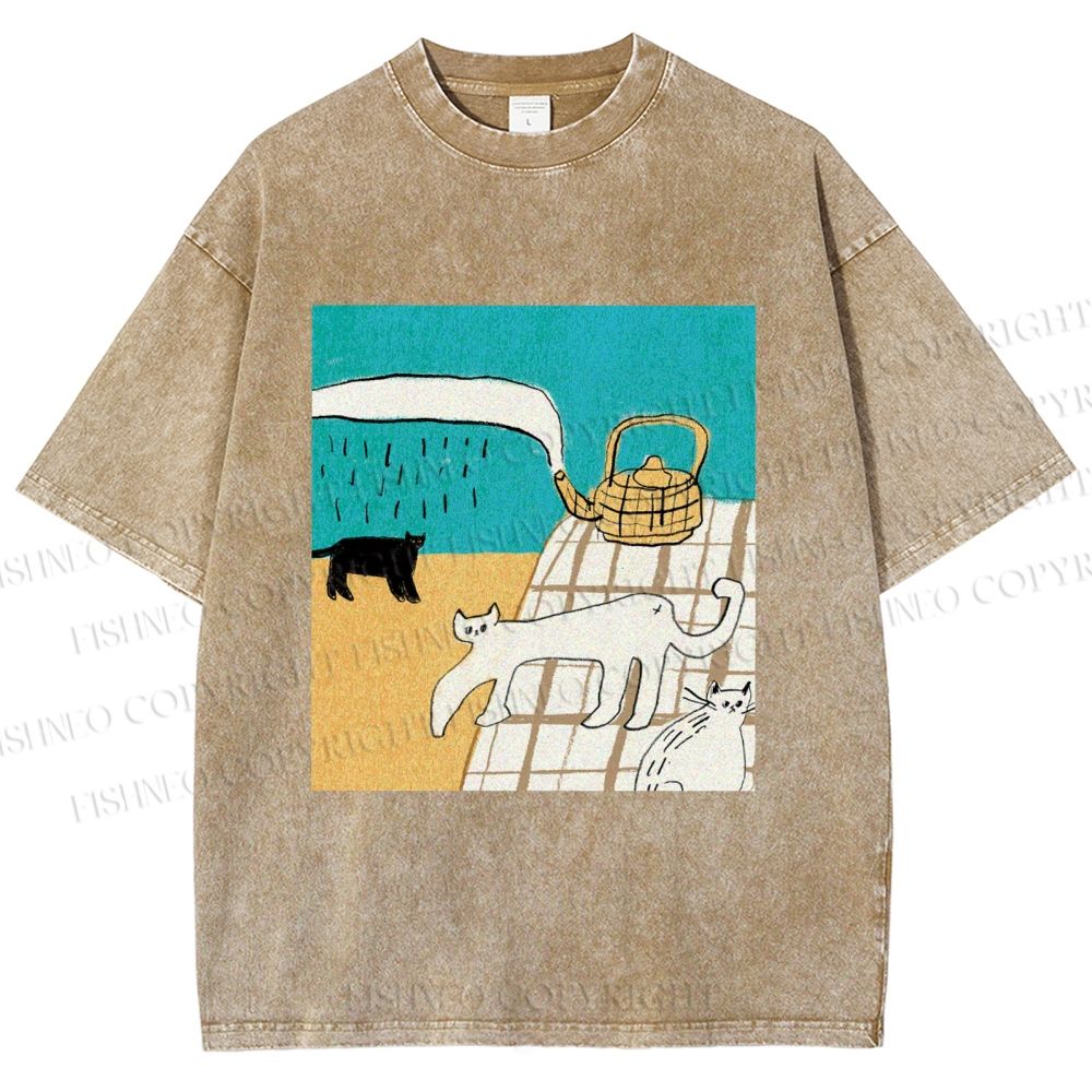 Unisex Vintage Cat Painting Printed Washed Tee