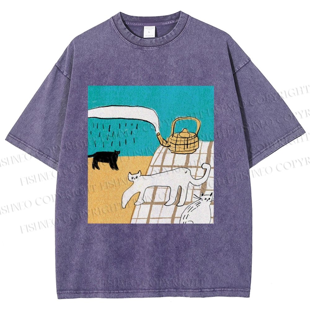 Unisex Vintage Cat Painting Printed Washed Tee