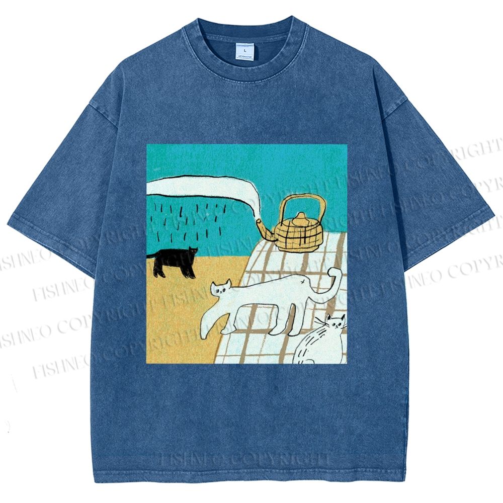Unisex Vintage Cat Painting Printed Washed Tee