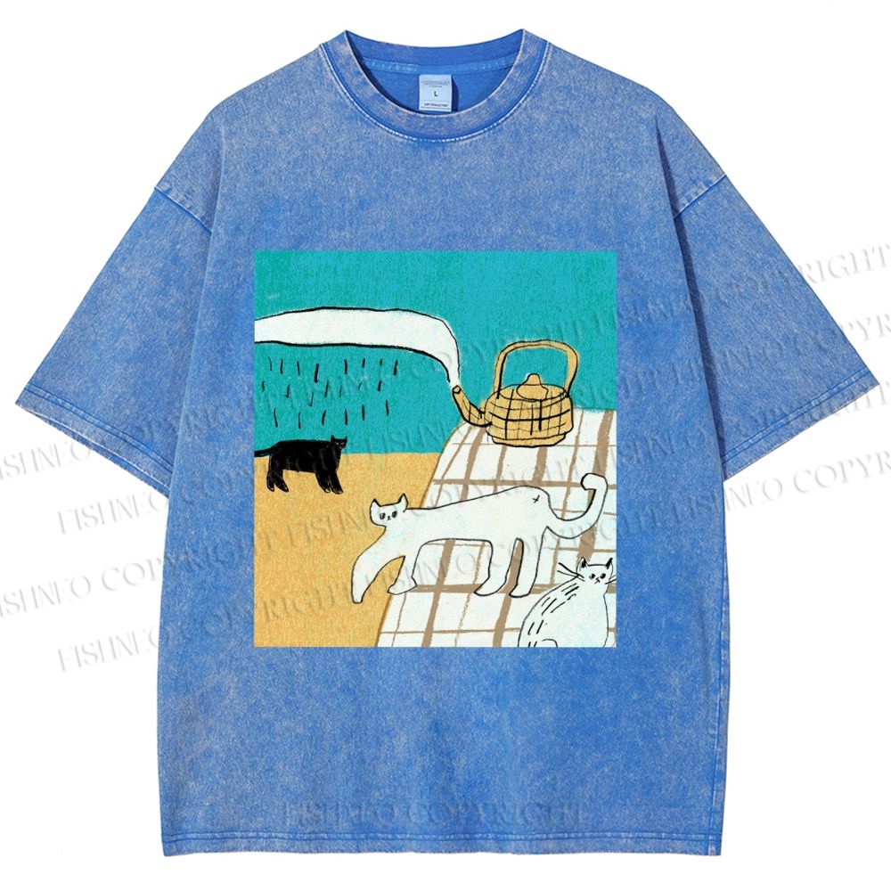 Unisex Vintage Cat Painting Printed Washed Tee