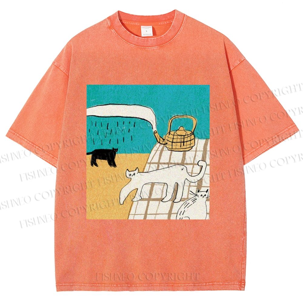 Unisex Vintage Cat Painting Printed Washed Tee
