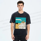 Unisex Vintage Cat Painting Printed Washed Tee