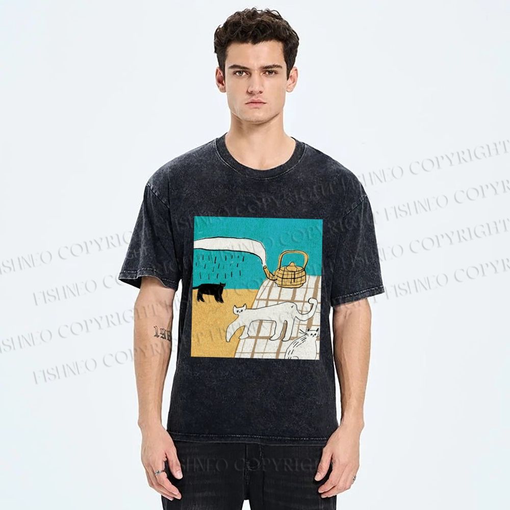 Unisex Vintage Cat Painting Printed Washed Tee