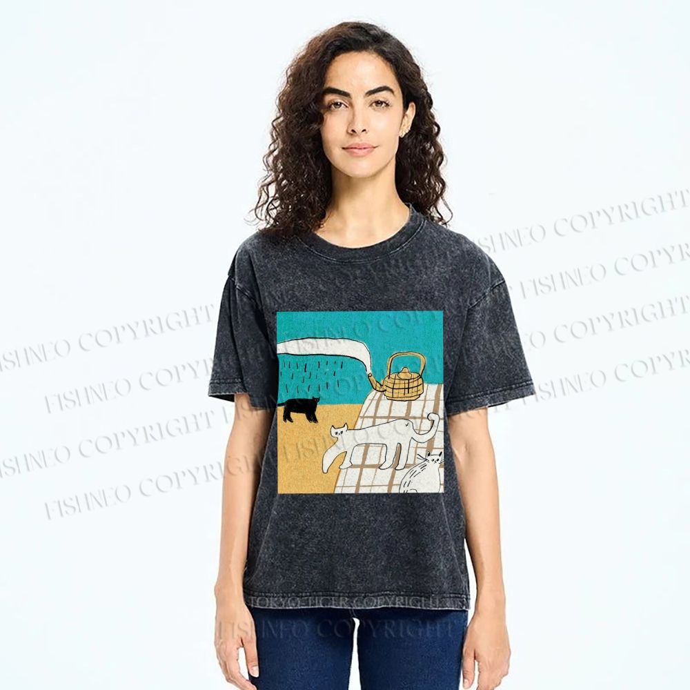 Unisex Vintage Cat Painting Printed Washed Tee