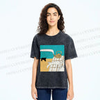 Unisex Vintage Cat Painting Printed Washed Tee