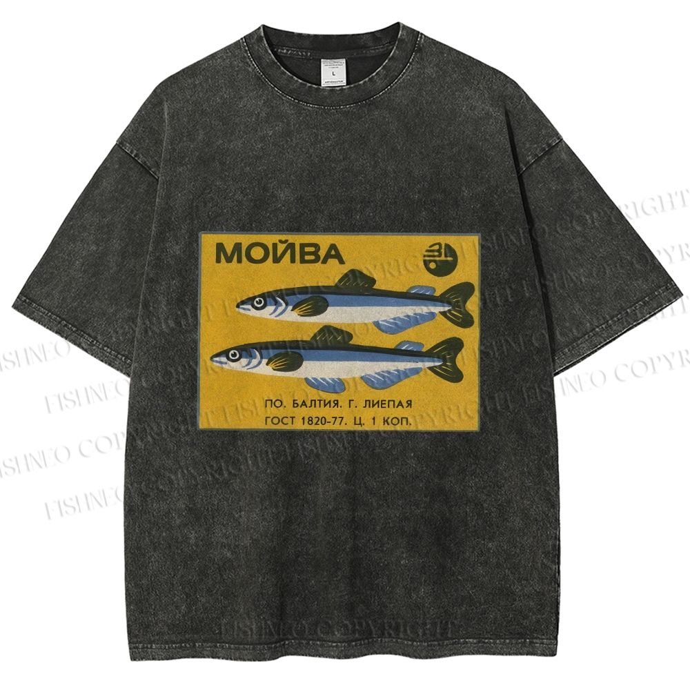 Unisex Vintage Sardine Fish Printed Washed Tee