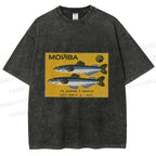 Unisex Vintage Sardine Fish Printed Washed Tee