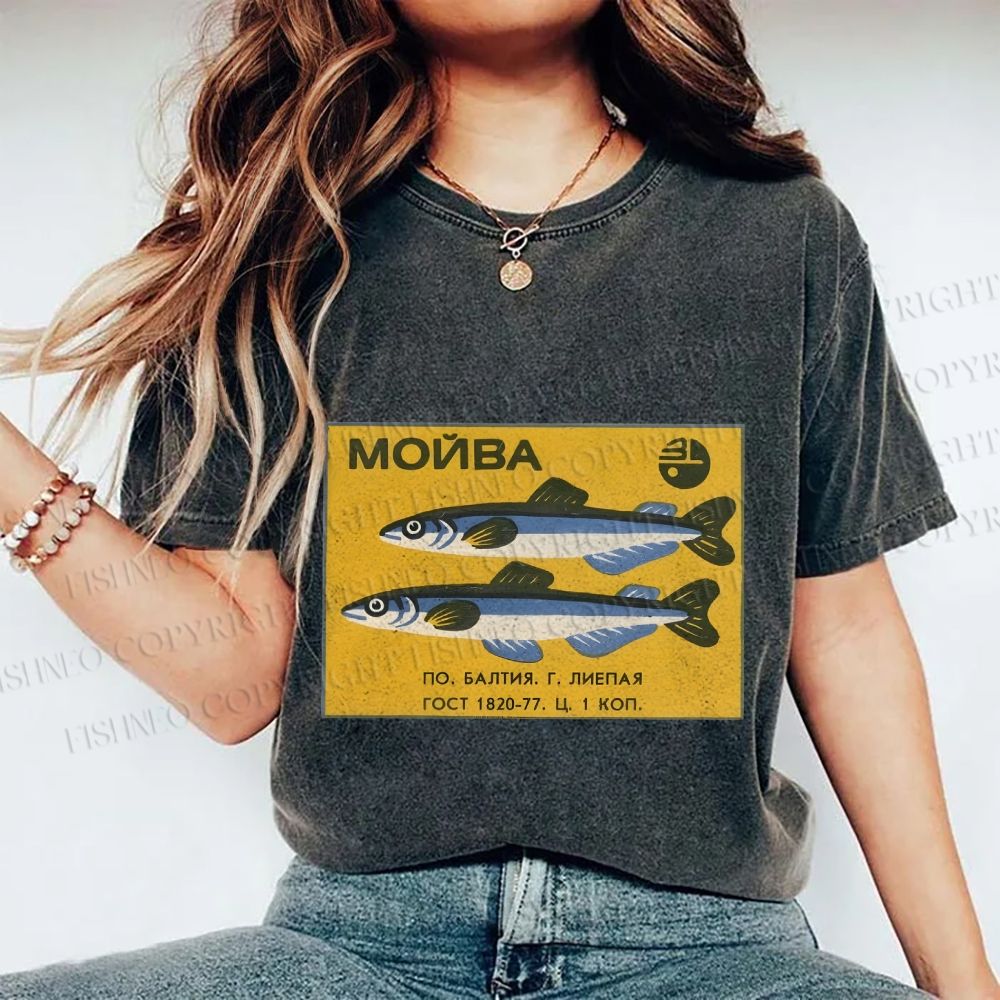 Unisex Vintage Sardine Fish Printed Washed Tee