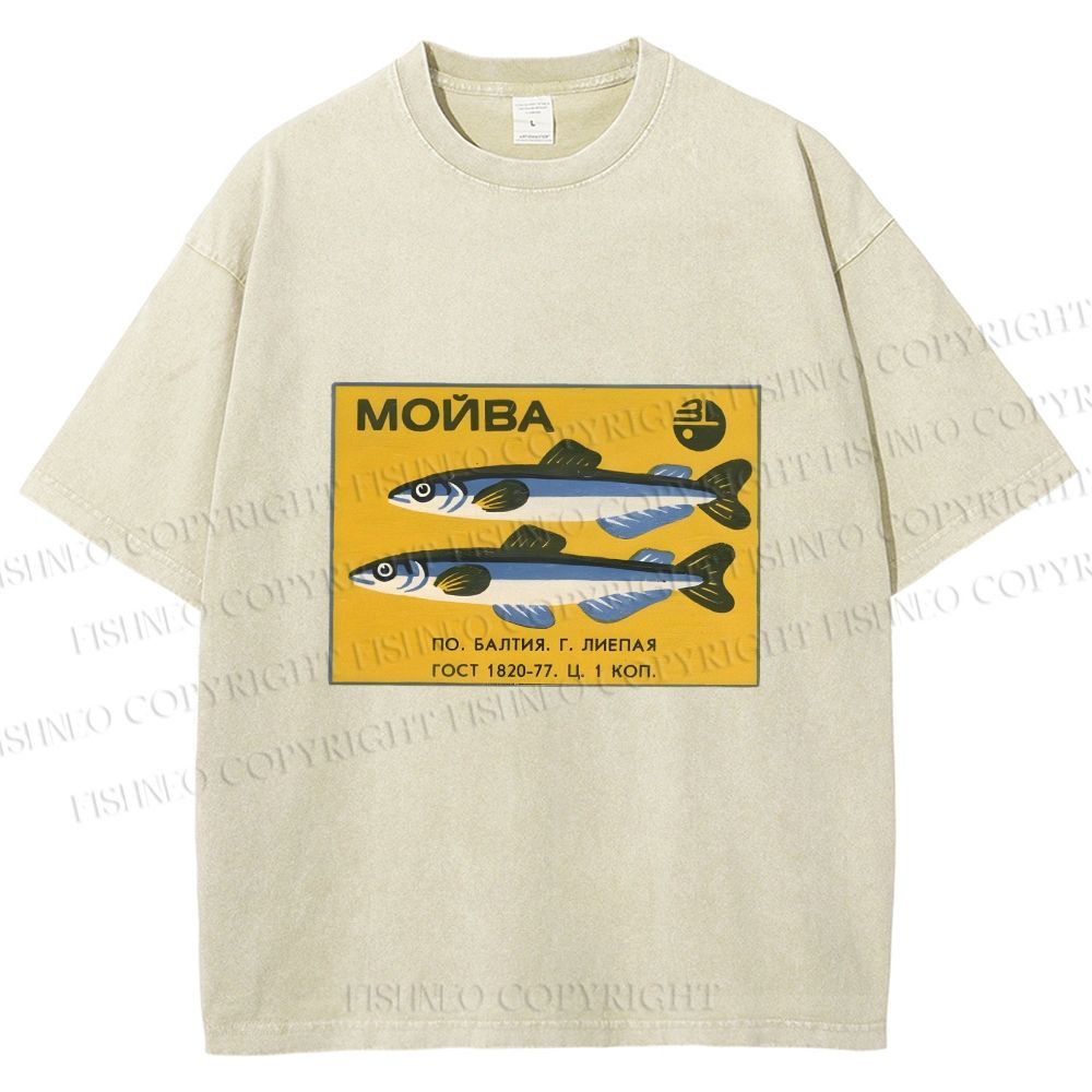 Unisex Vintage Sardine Fish Printed Washed Tee