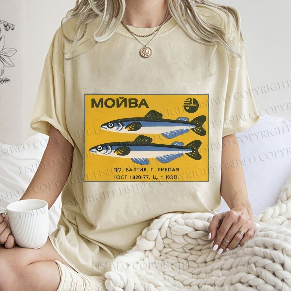 Unisex Vintage Sardine Fish Printed Washed Tee