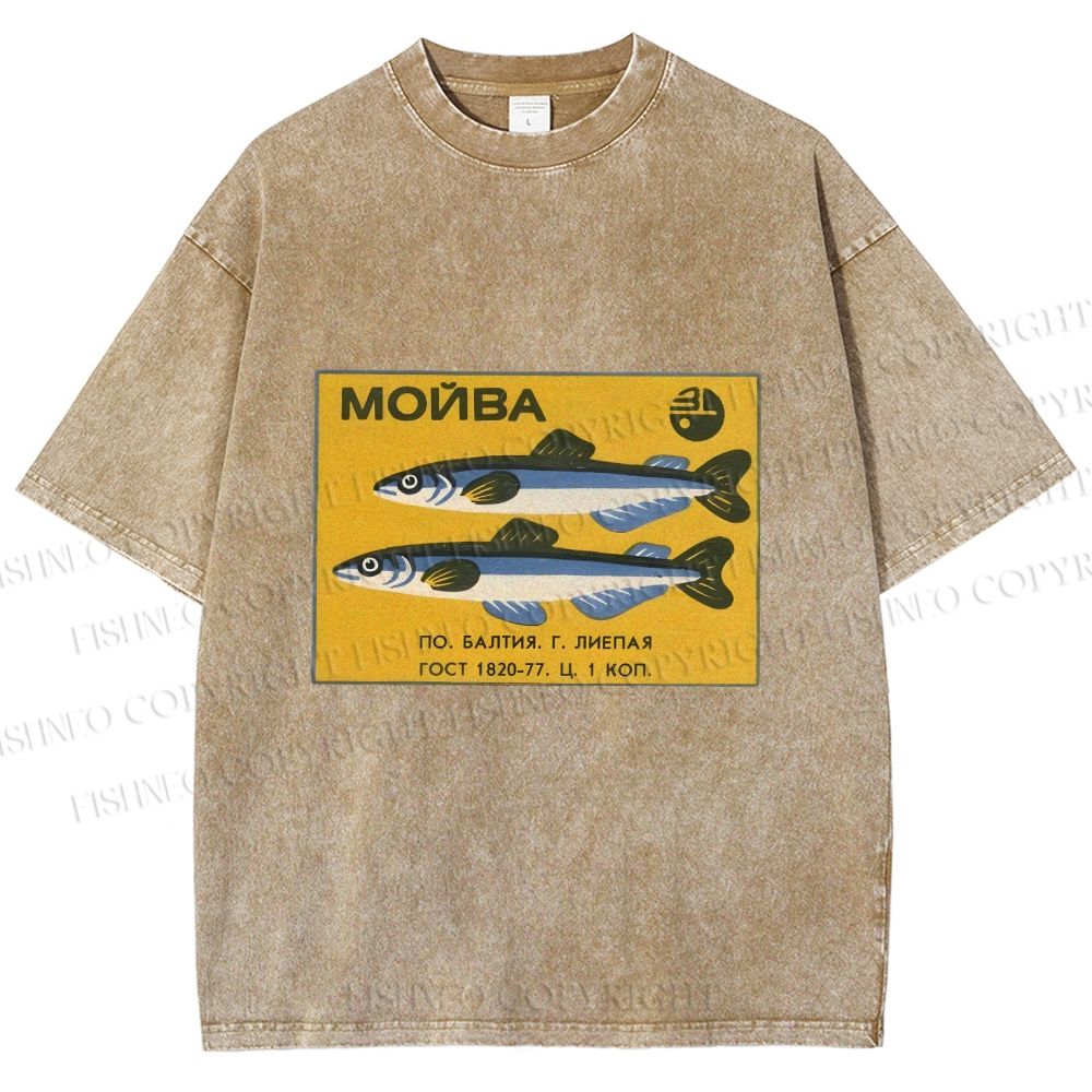 Unisex Vintage Sardine Fish Printed Washed Tee