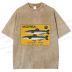 Unisex Vintage Sardine Fish Printed Washed Tee
