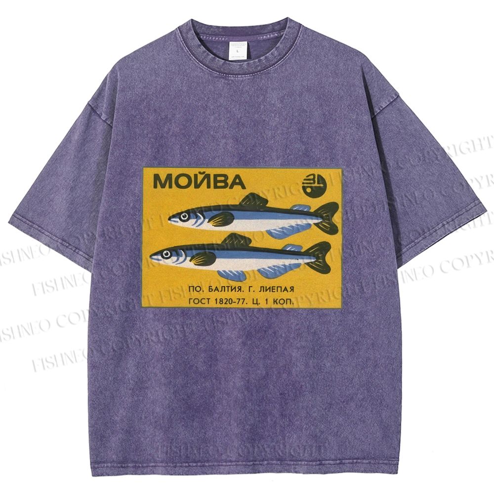 Unisex Vintage Sardine Fish Printed Washed Tee