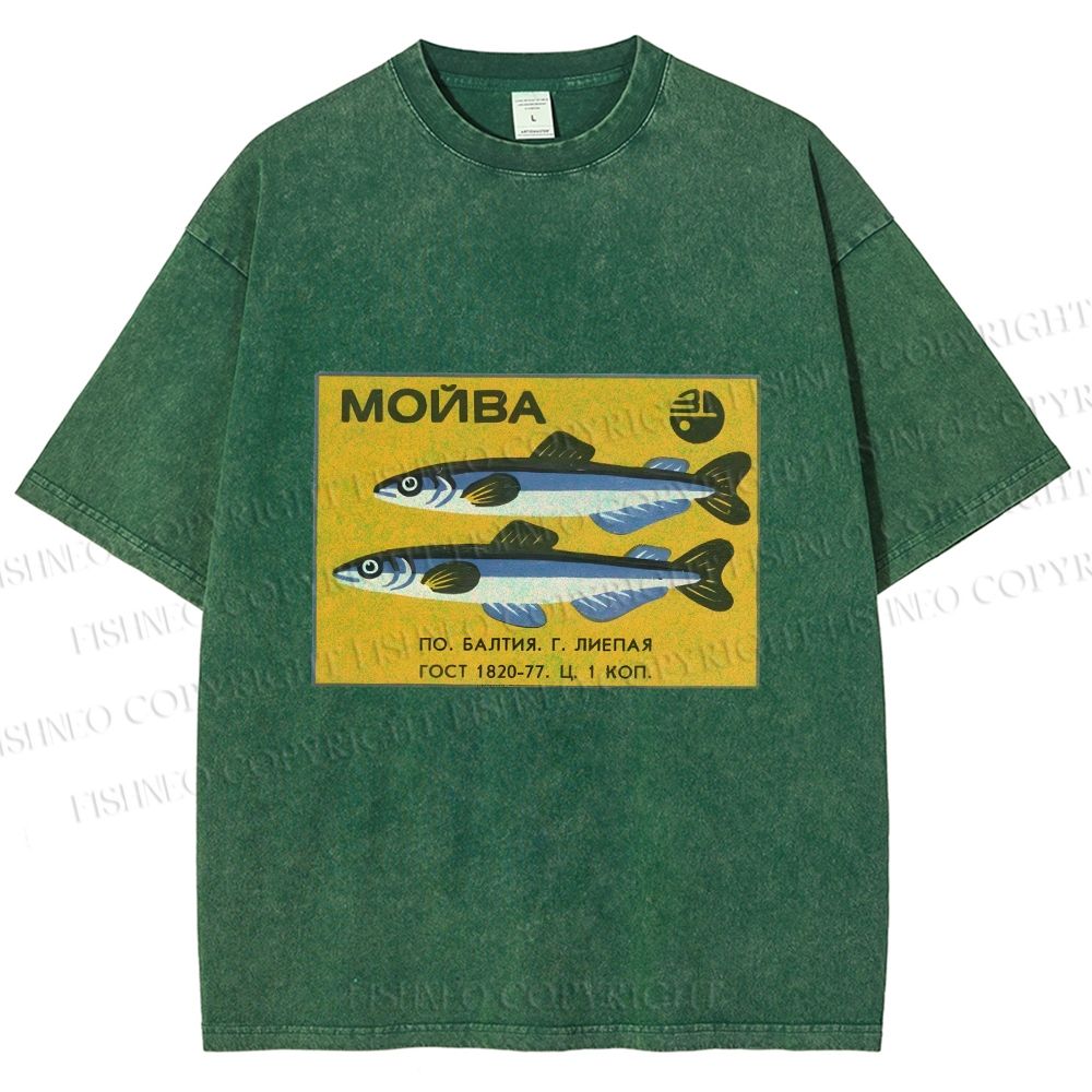 Unisex Vintage Sardine Fish Printed Washed Tee