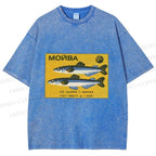 Unisex Vintage Sardine Fish Printed Washed Tee
