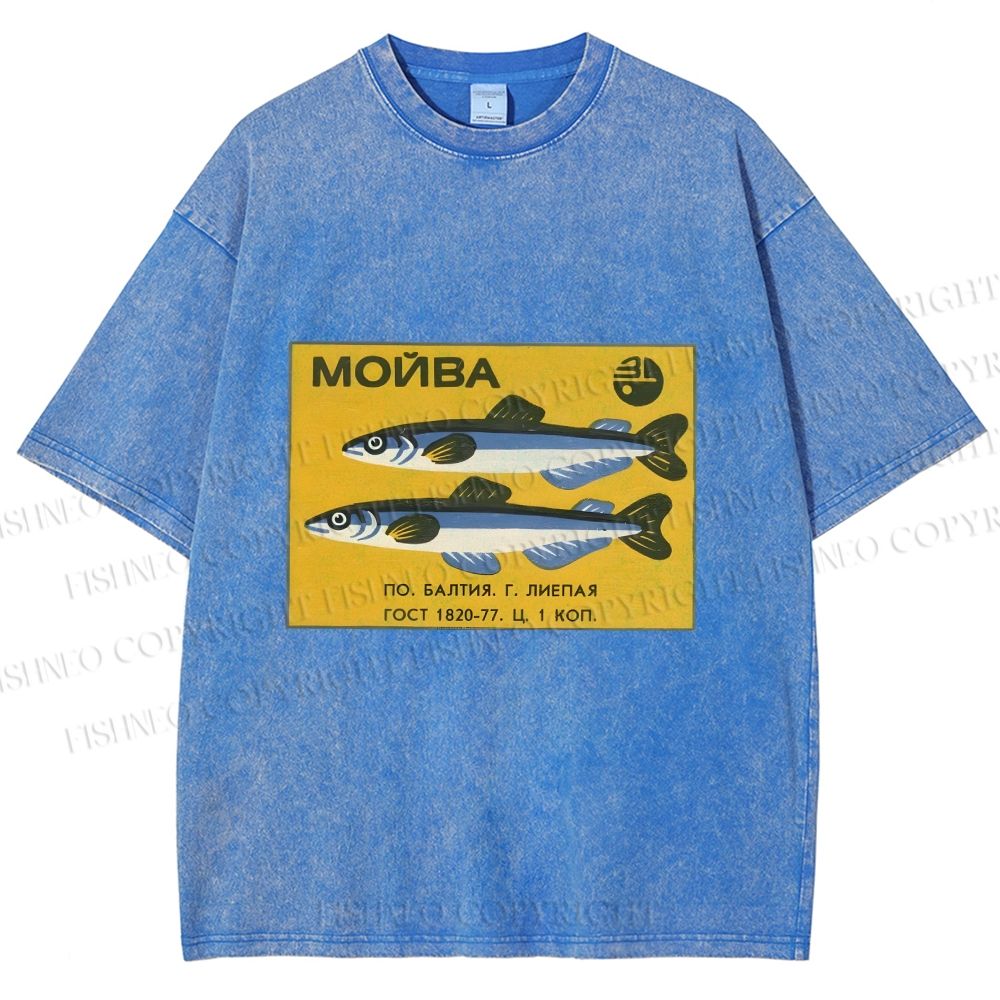Unisex Vintage Sardine Fish Printed Washed Tee