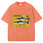 Unisex Vintage Sardine Fish Printed Washed Tee