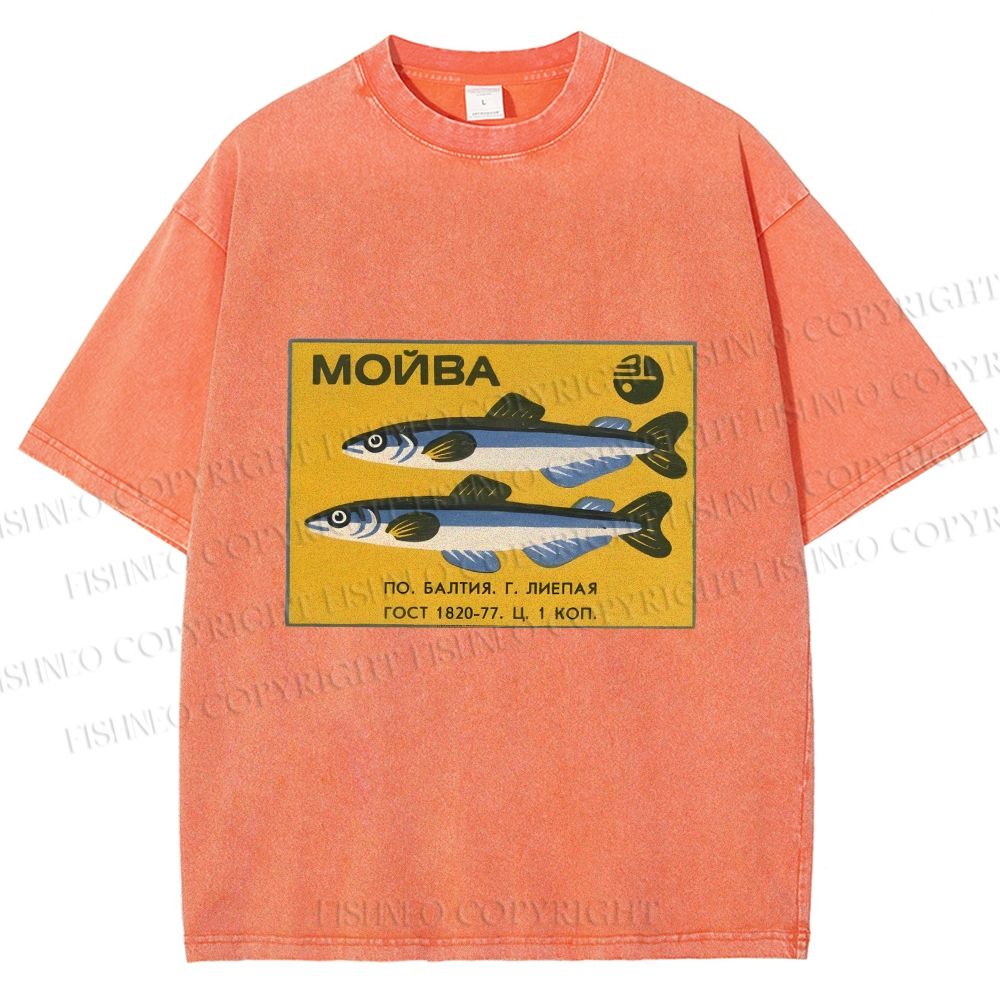 Unisex Vintage Sardine Fish Printed Washed Tee