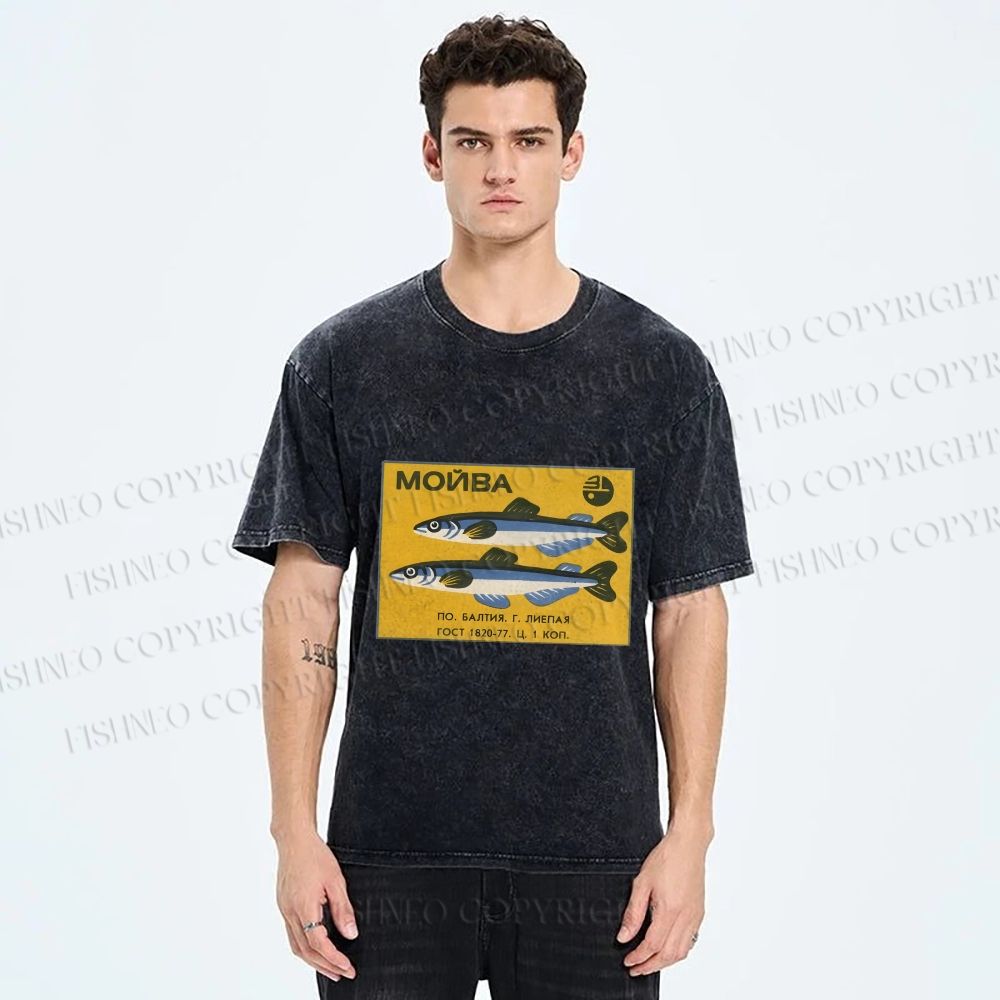 Unisex Vintage Sardine Fish Printed Washed Tee