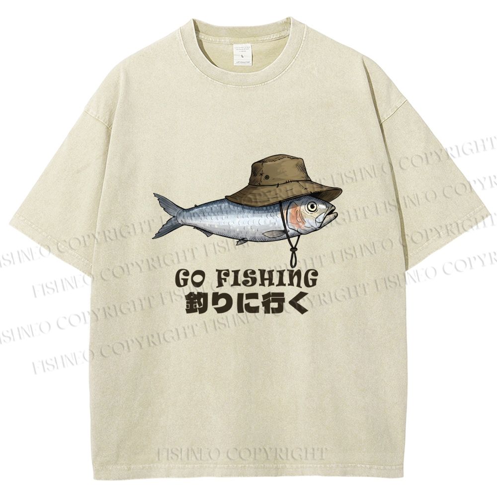 Unisex Japanese Funny Fish Go Fishing Printed Washed Tee
