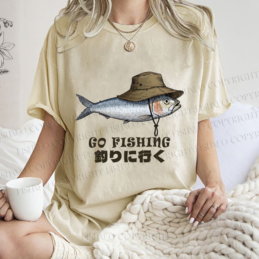 Unisex Japanese Funny Fish Go Fishing Printed Washed Tee