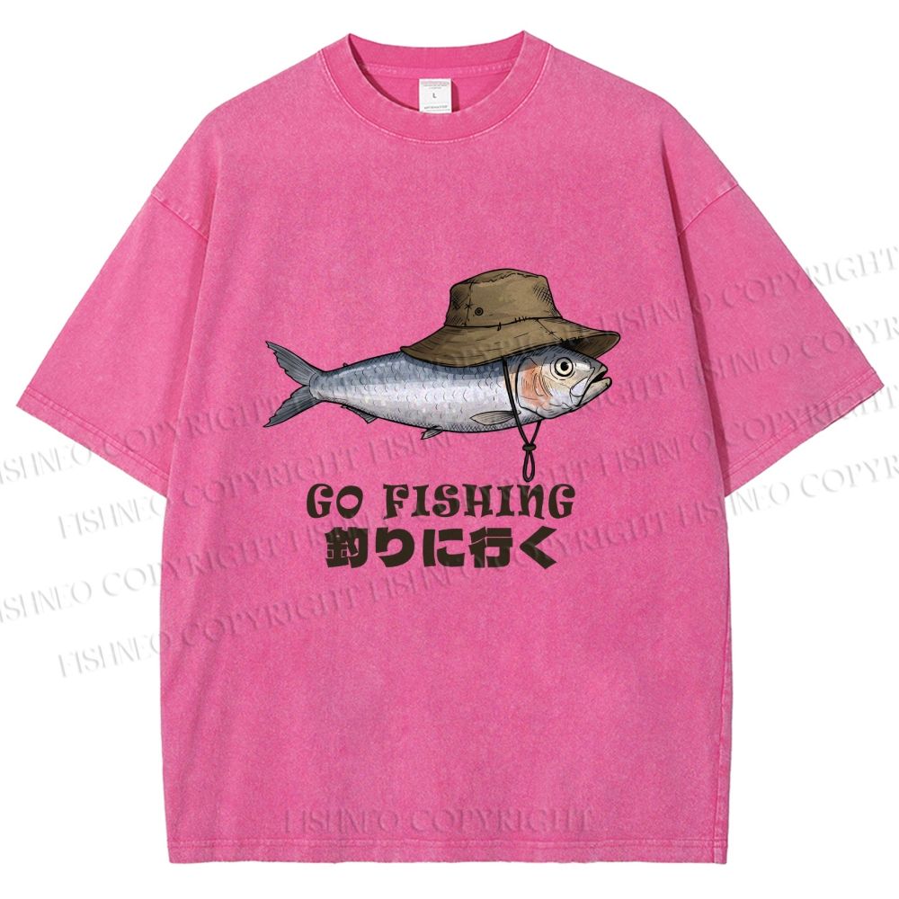 Unisex Japanese Funny Fish Go Fishing Printed Washed Tee