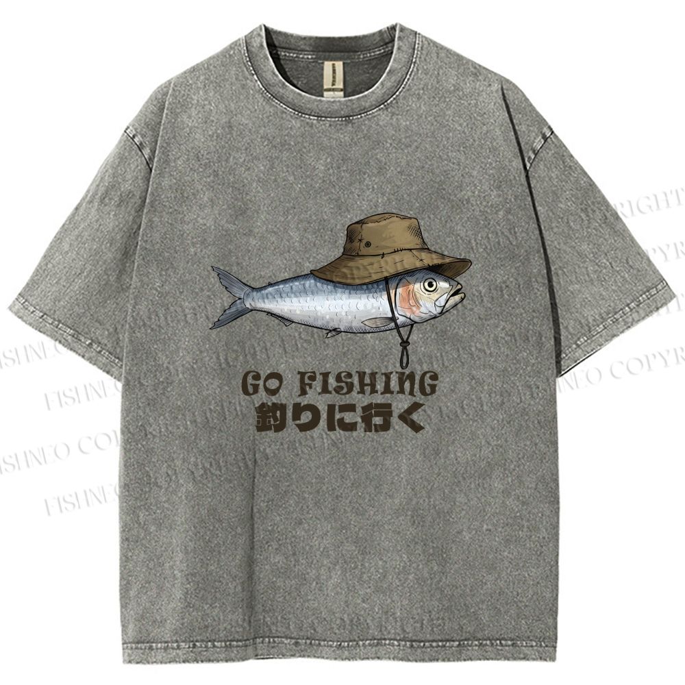 Unisex Japanese Funny Fish Go Fishing Printed Washed Tee