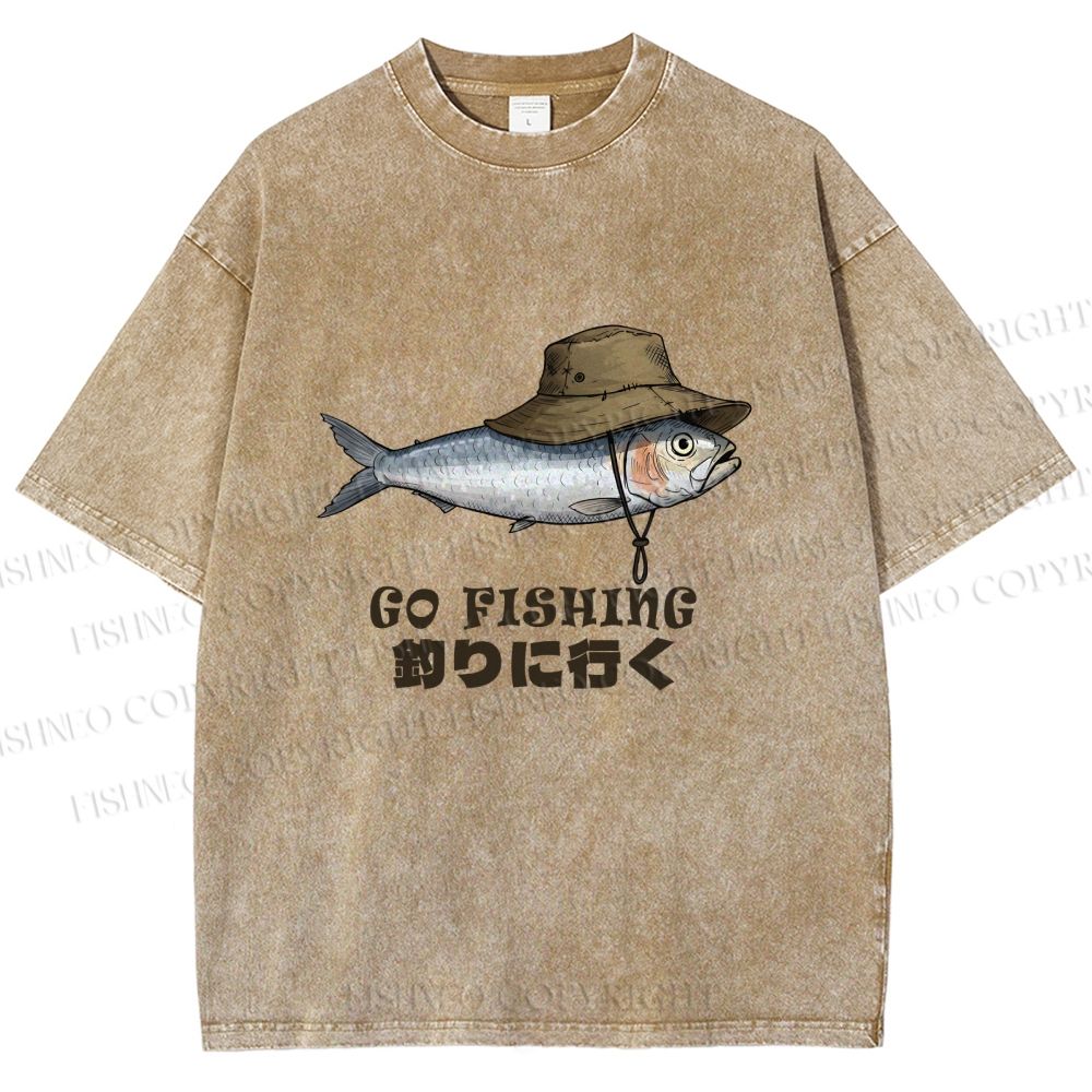 Unisex Japanese Funny Fish Go Fishing Printed Washed Tee