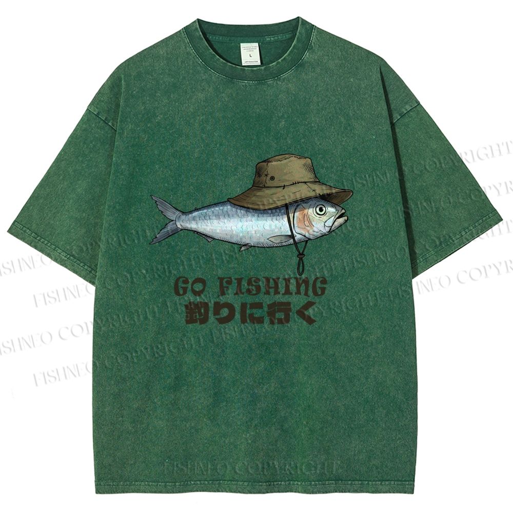 Unisex Japanese Funny Fish Go Fishing Printed Washed Tee