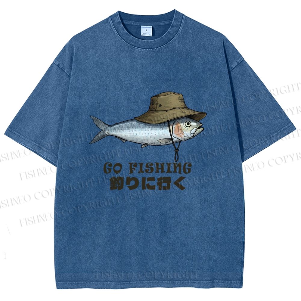 Unisex Japanese Funny Fish Go Fishing Printed Washed Tee