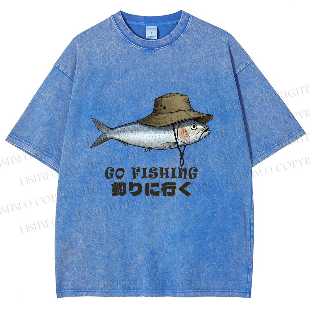 Unisex Japanese Funny Fish Go Fishing Printed Washed Tee