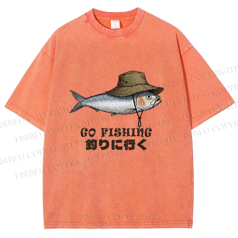 Unisex Japanese Funny Fish Go Fishing Printed Washed Tee