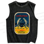 Unisex Vintage Sardine Fish Printed Washed Tank Top