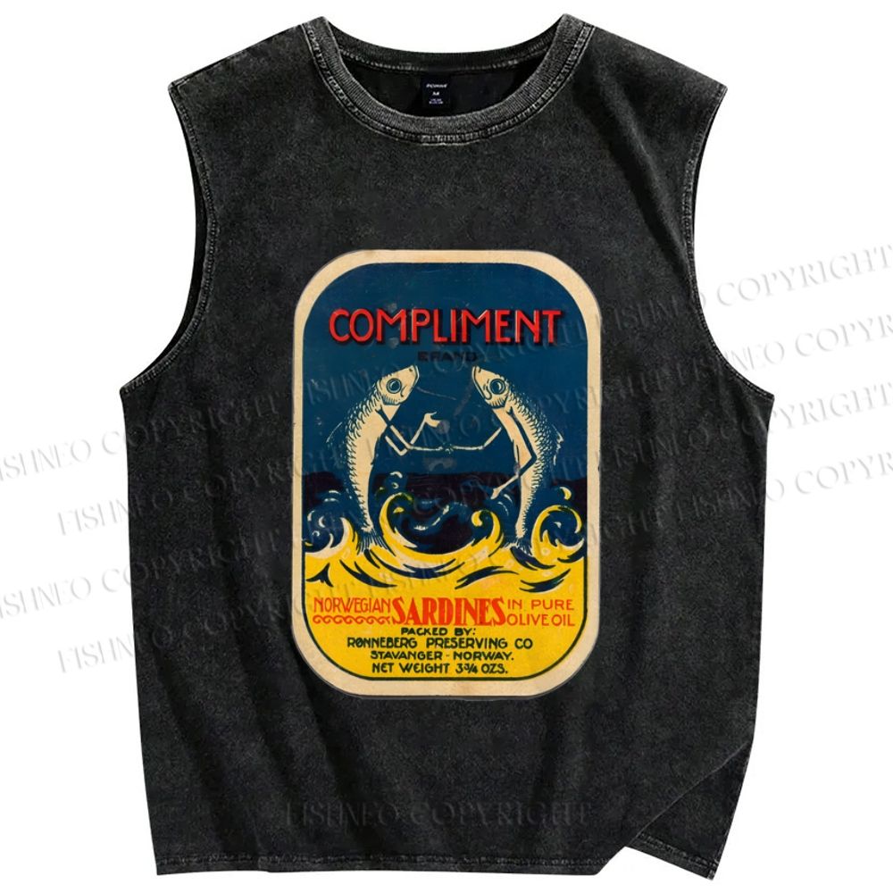 Unisex Vintage Sardine Fish Printed Washed Tank Top