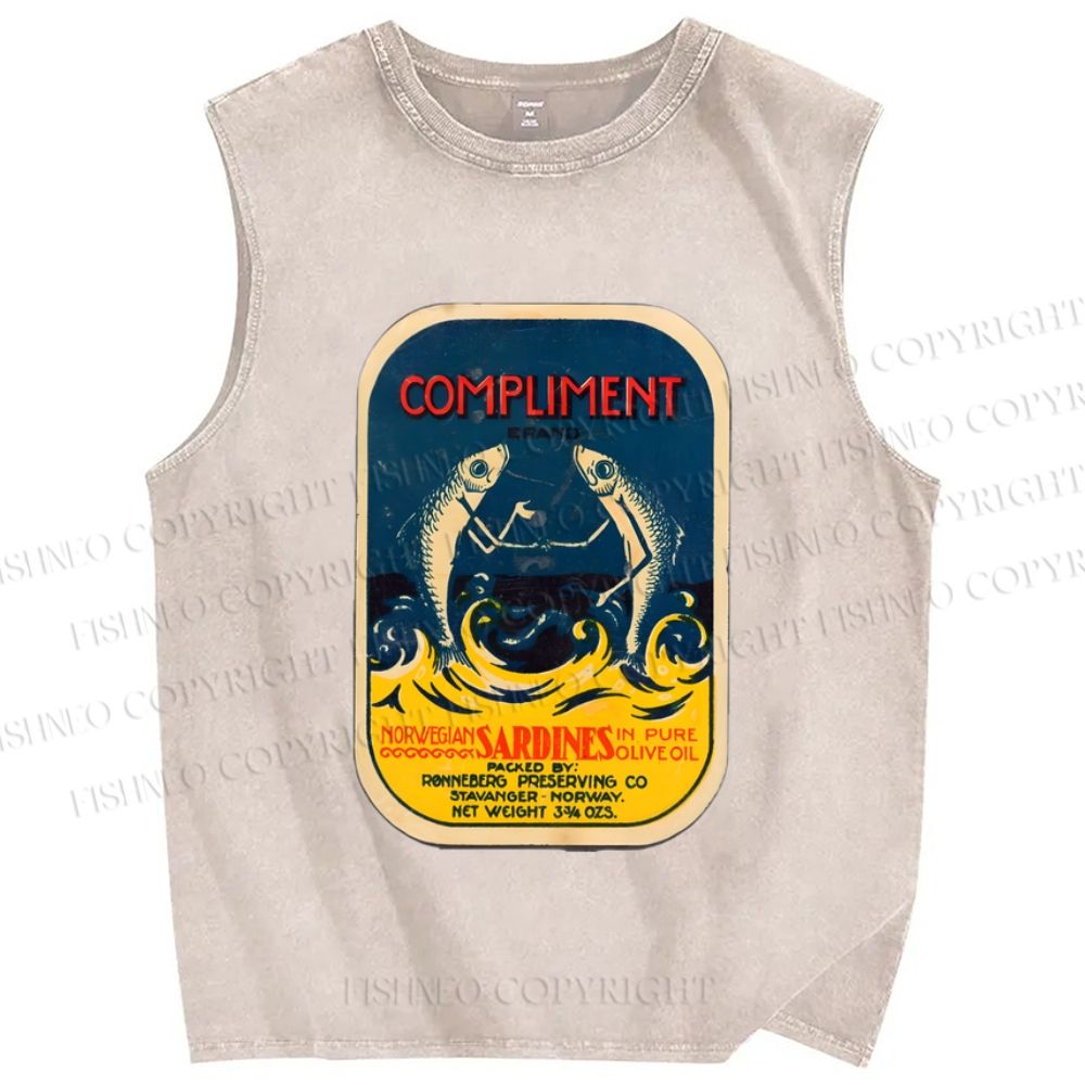 Unisex Vintage Sardine Fish Printed Washed Tank Top