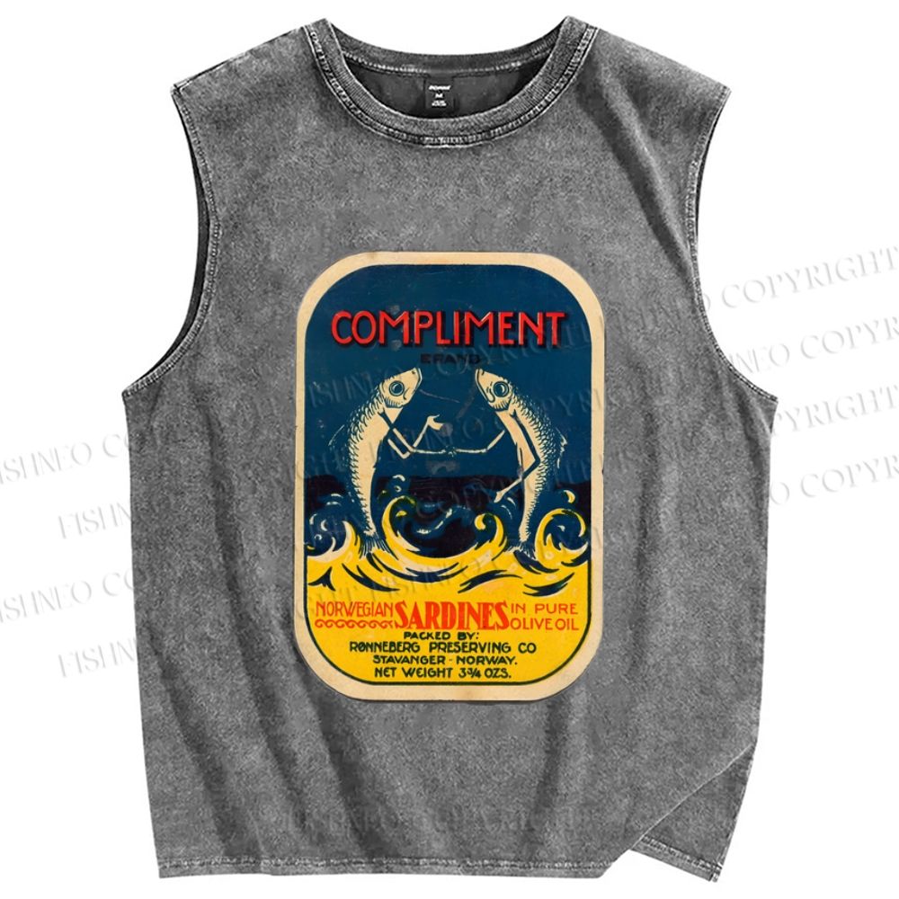Unisex Vintage Sardine Fish Printed Washed Tank Top