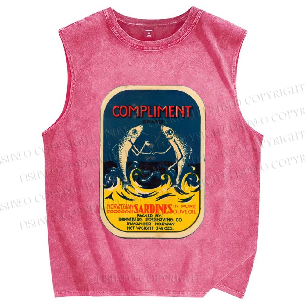 Unisex Vintage Sardine Fish Printed Washed Tank Top