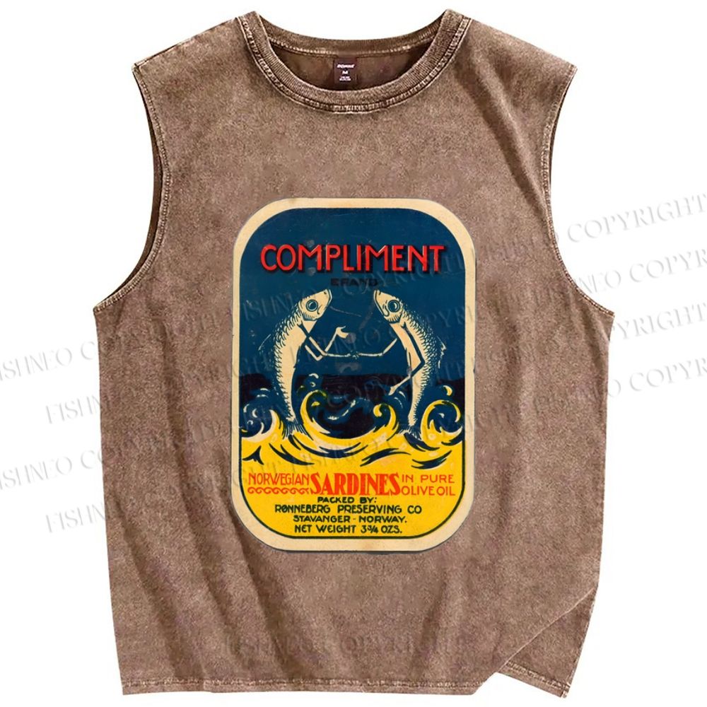Unisex Vintage Sardine Fish Printed Washed Tank Top