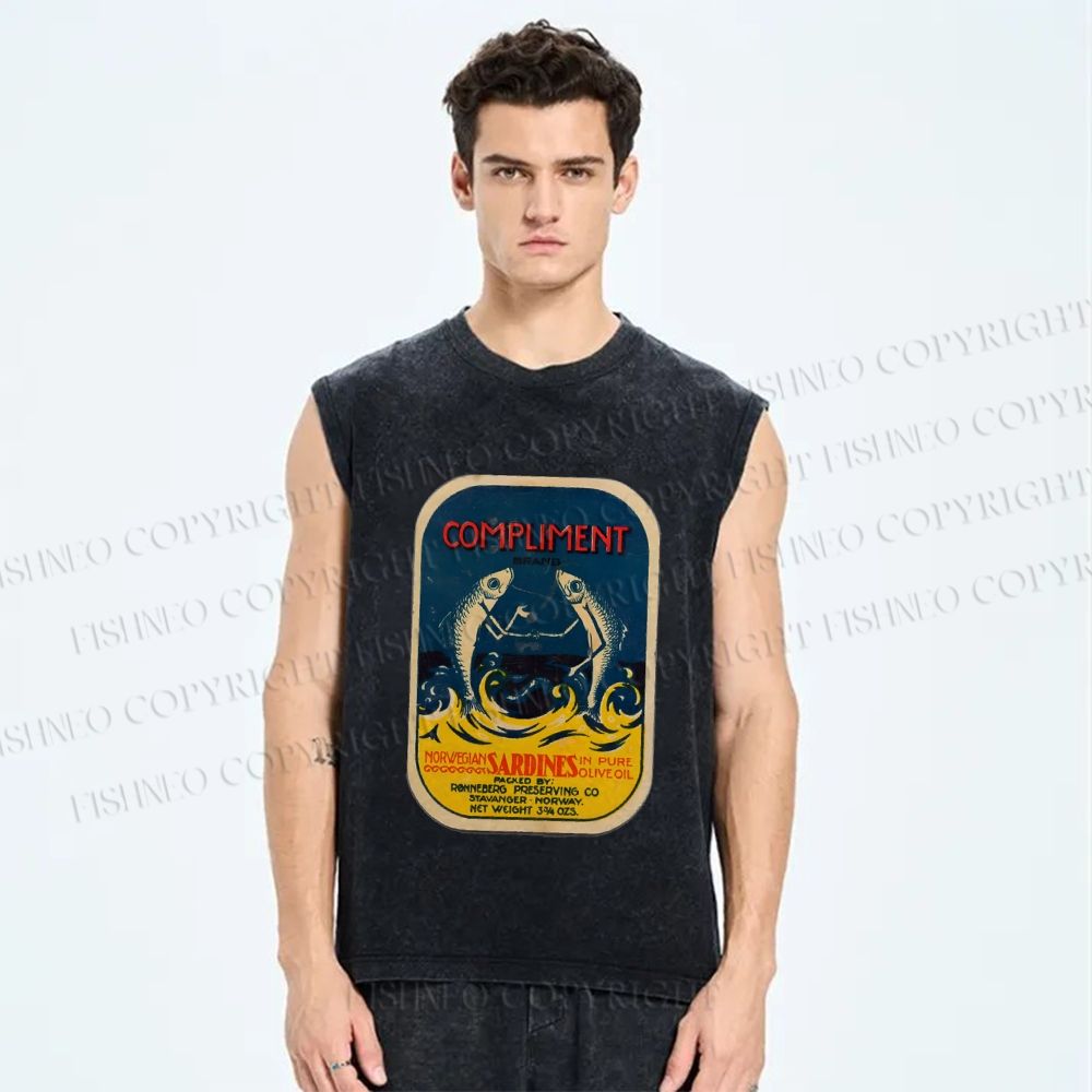 Unisex Vintage Sardine Fish Printed Washed Tank Top