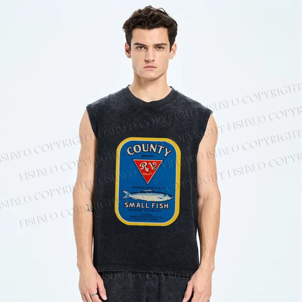 Unisex Small Sardine Fish Printed Washed Tank Top