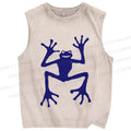 Unisex Funny Blue Frog Printed Washed Tank Top