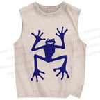 Unisex Funny Blue Frog Printed Washed Tank Top