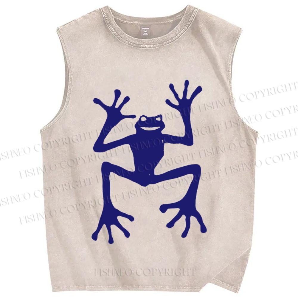 Unisex Funny Blue Frog Printed Washed Tank Top