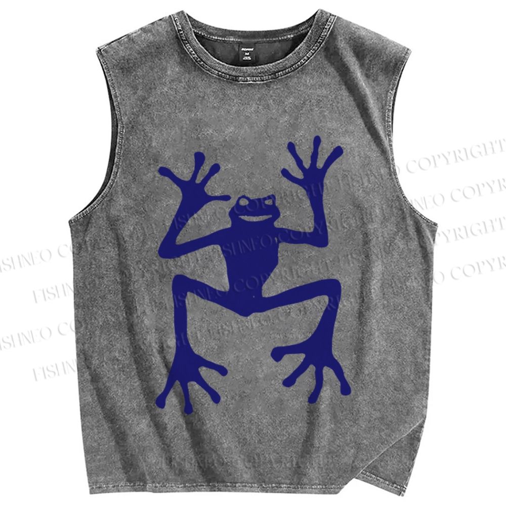Unisex Funny Blue Frog Printed Washed Tank Top