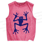 Unisex Funny Blue Frog Printed Washed Tank Top