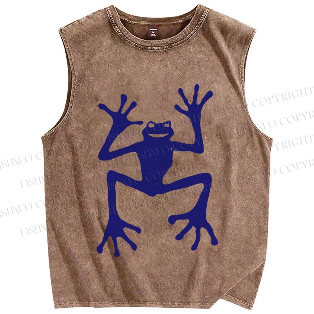 Unisex Funny Blue Frog Printed Washed Tank Top