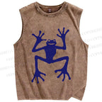 Unisex Funny Blue Frog Printed Washed Tank Top