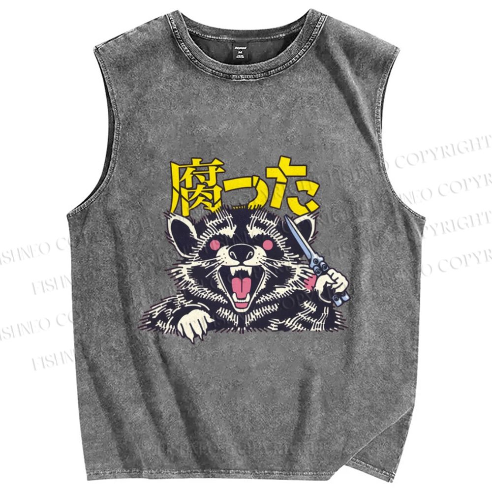 Unisex Angry Raccoon Printed Washed Tank Top