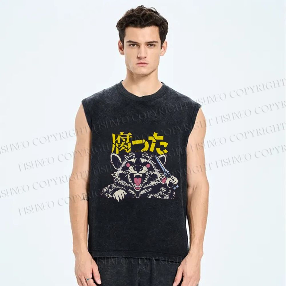 Unisex Angry Raccoon Printed Washed Tank Top